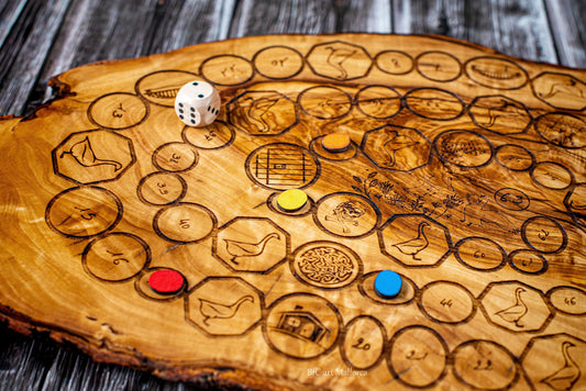 Goose Game Board, Olive Wood Parcheesi Vintage, Set Family Game, Ludo Game Gift, Rustic Parcheesi Board Game Set, Family Birthday Toy