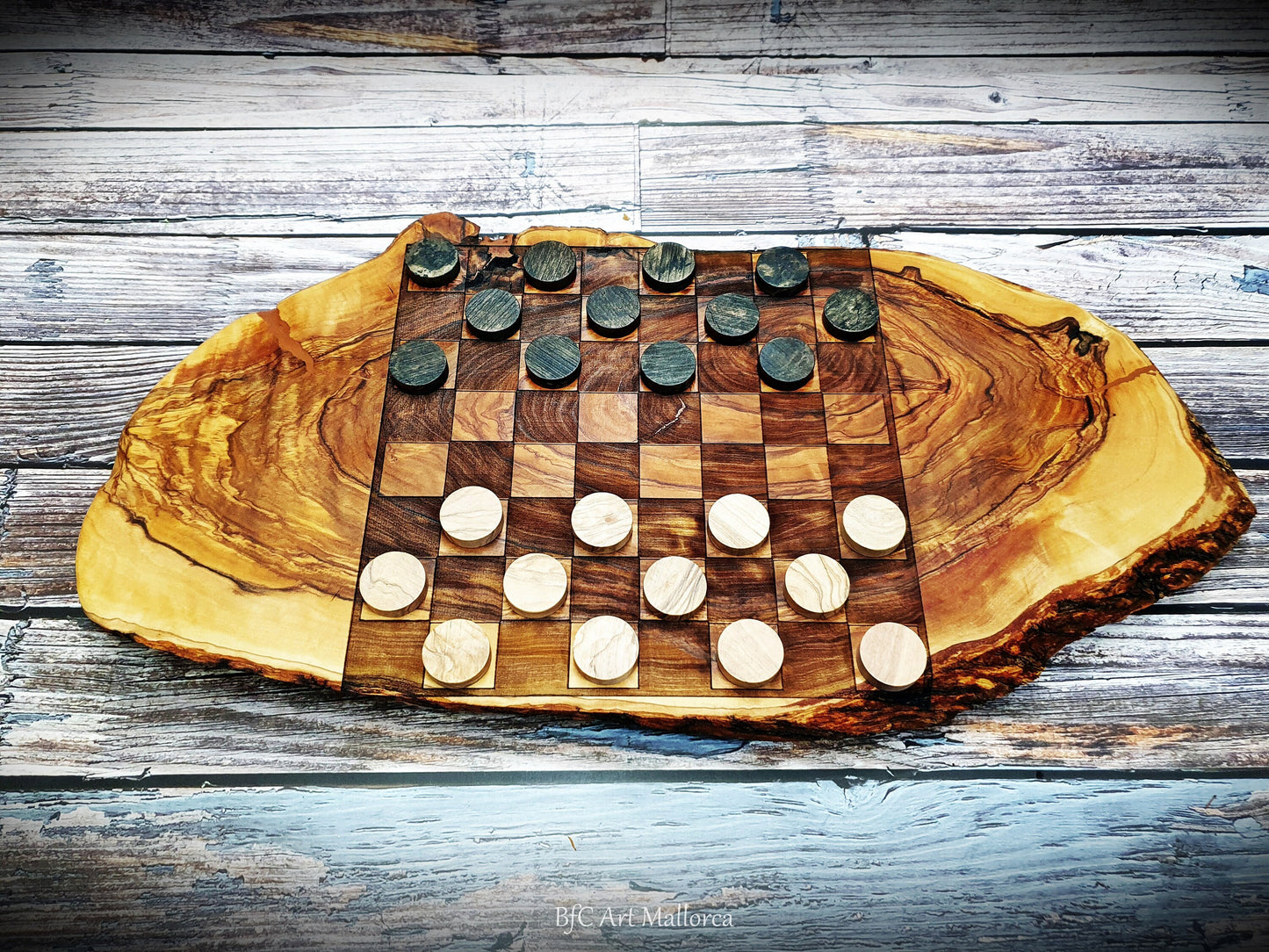 Olive Wood Checkerboard Live edge, Checker Board Game Unique, Original Wooden Checker, Checkered Game for Home Gift and Family