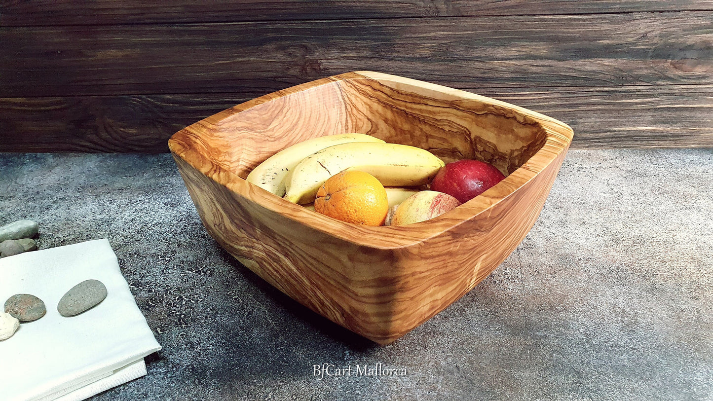Olive wood salad bowl with a modern and Square shape Customizable, Large Salad bowl for Fruit or Centerpiece Handmade, Unique Bowl wooden