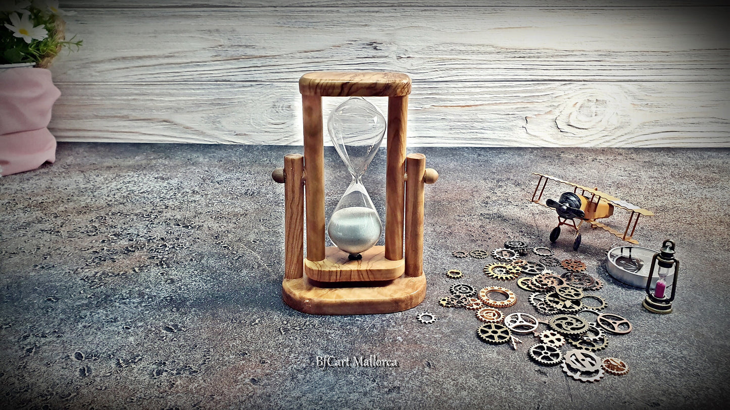 Sand timer hourglass With rotating 5 minutes, Classic Sand Timer olive wood, Handmade glass sand timer, Hourglass Home decor library Antique