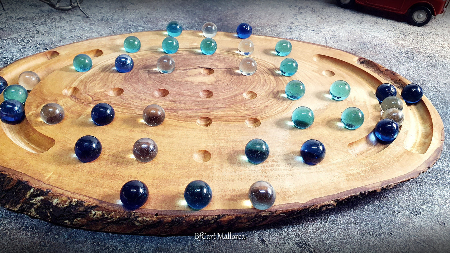 Solitaire game olive wood rustic with glass balls, Solitaire game board Rustic wood board with glass balls, Vintage Handmade Solitaire Game