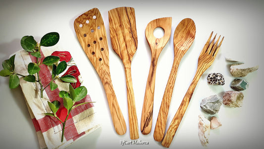 Classic Utensils Set for Cooking Traditional Kitchenware, Olive Wood Utensils Sustainable Handcrafted Cutlery Reusable kitchen fork & spoon
