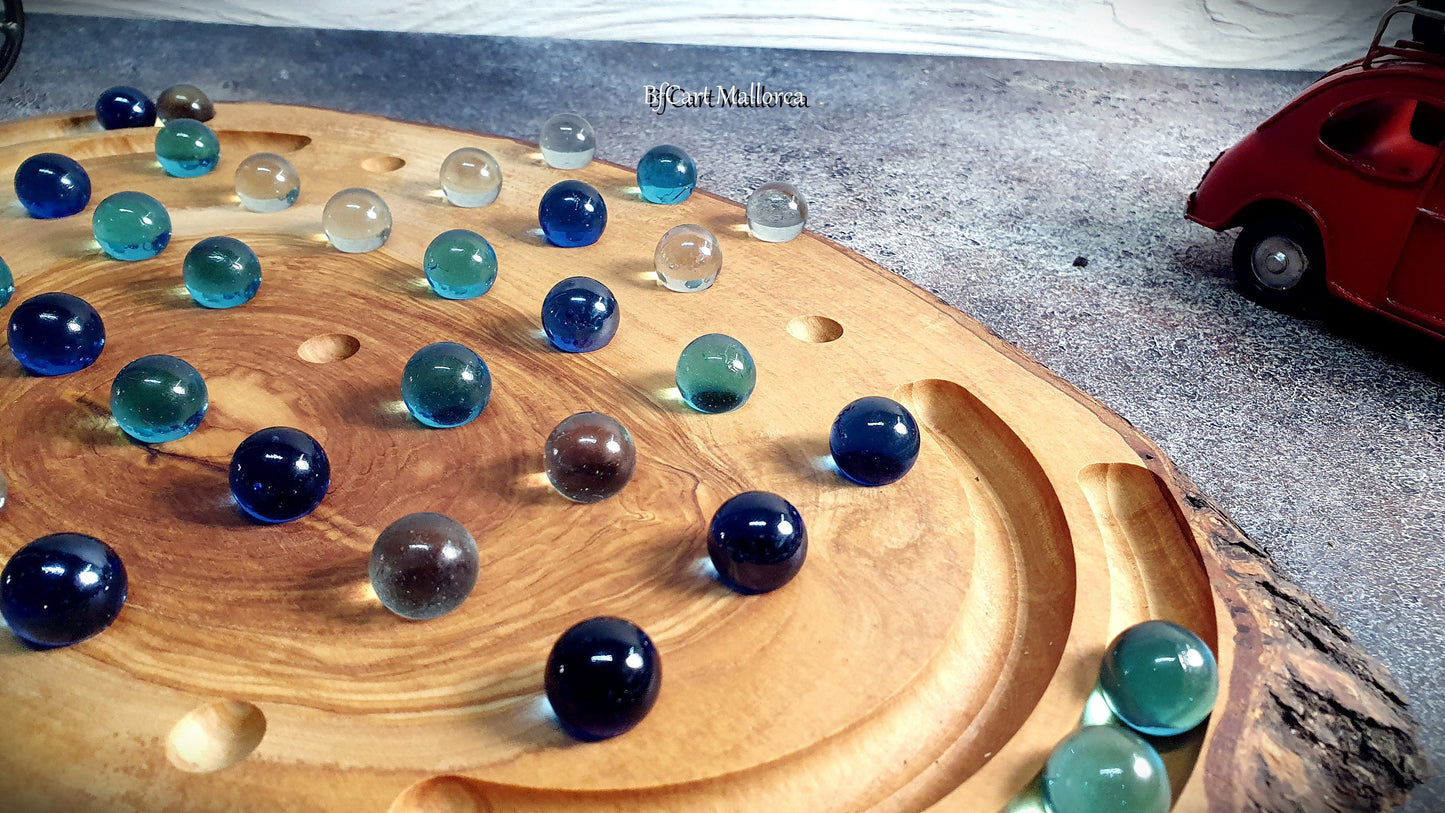 Solitaire game olive wood rustic with glass balls, Solitaire game board Rustic wood board with glass balls, Vintage Handmade Solitaire Game