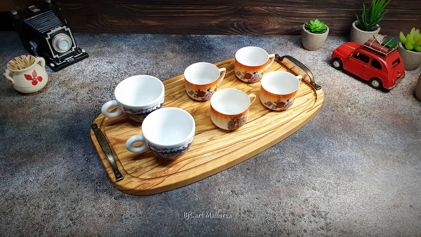 Wooden Serving Tray With Metal Handles, Tray for Serving Breakfasts in Bed, Oval Tray for Tea and Coffees Serving