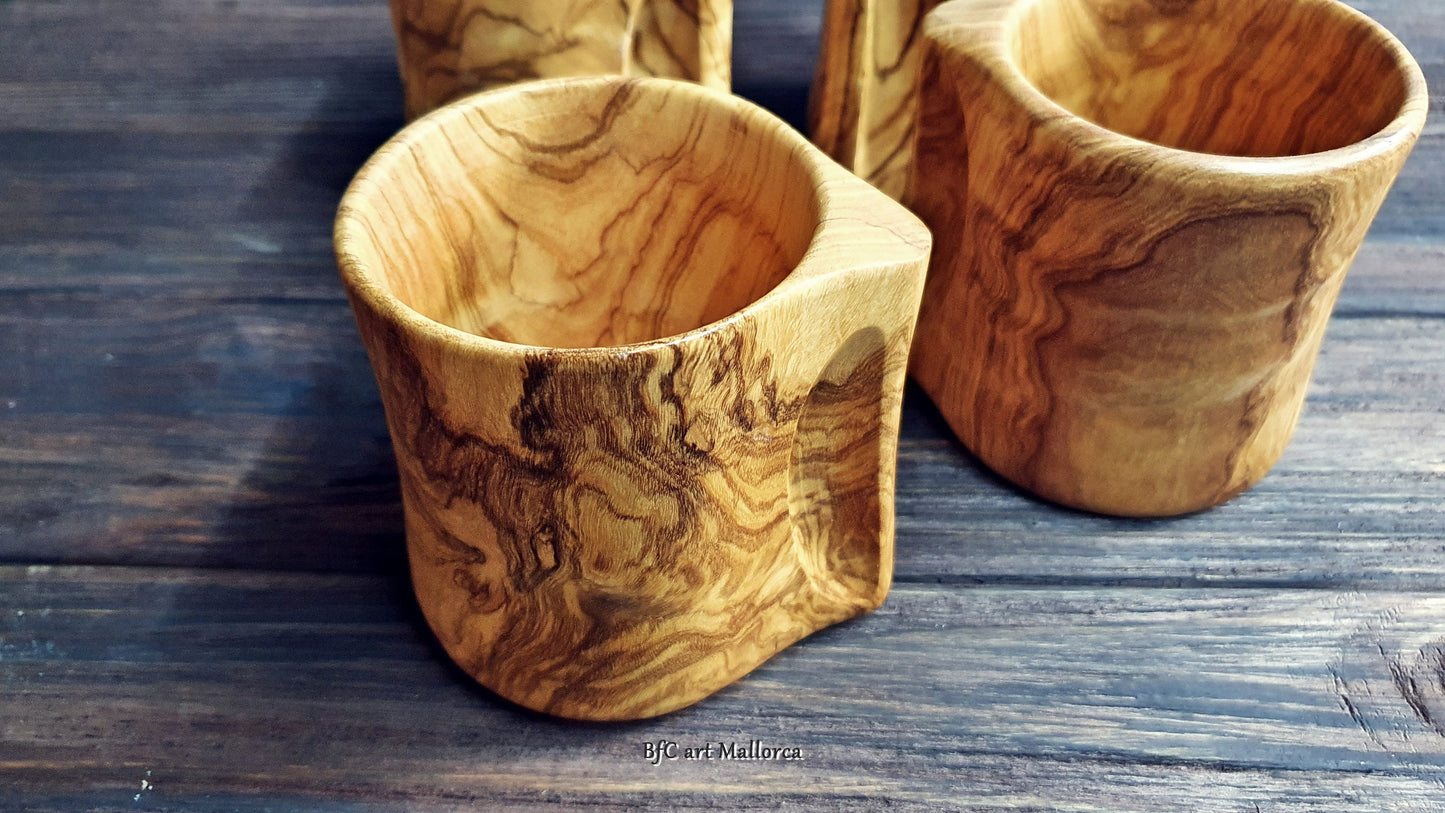Set of 4 Handmade Olive Wood Cups With Handle, Wooden Cups for Coffees and Teas. Natural glasses for ecological water.