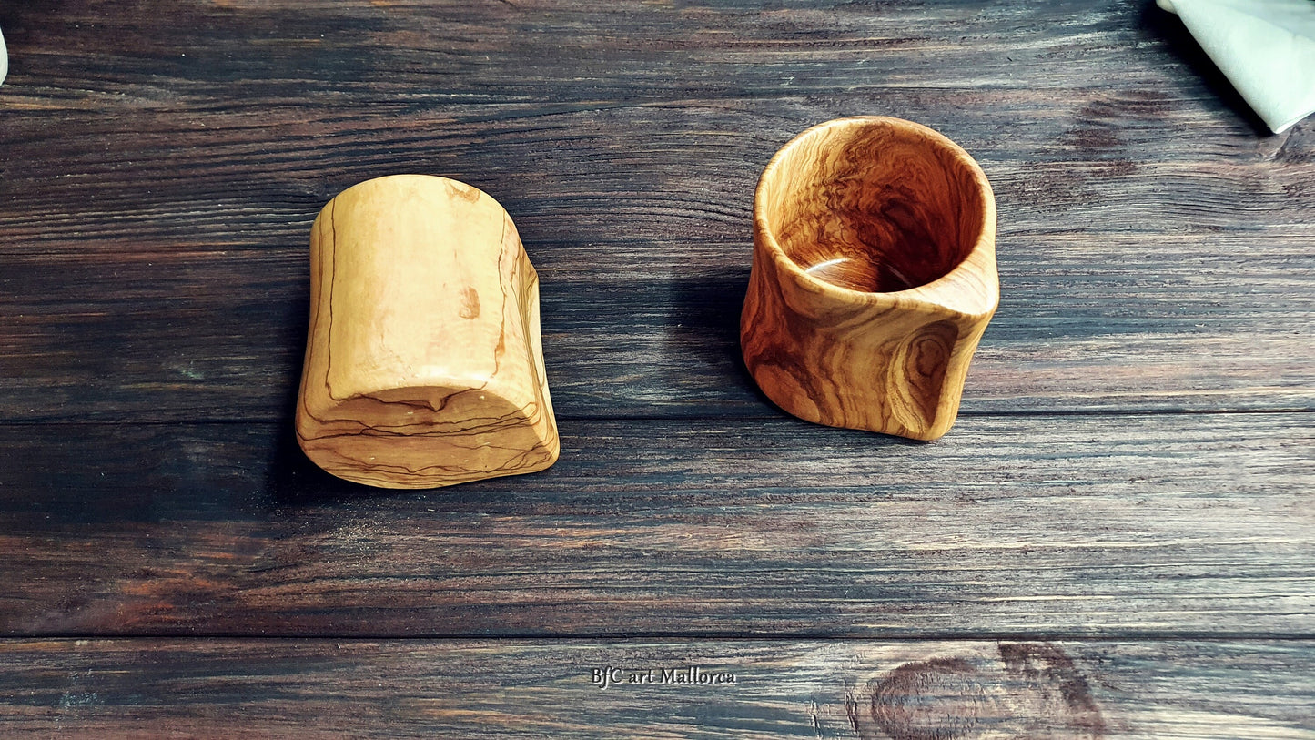 Set of 4 Handmade Olive Wood Cups With Handle, Wooden Cups for Coffees and Teas. Natural glasses for ecological water.