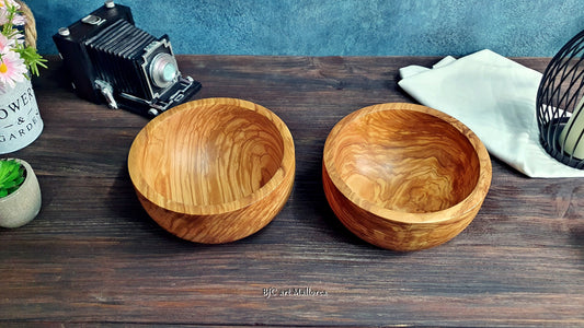 Wooden Bowls for Couples Breakfast, Gift set of 2 Olive Wood Bowls for Fruits and Cereals, Decorative hand-turned Bowls,