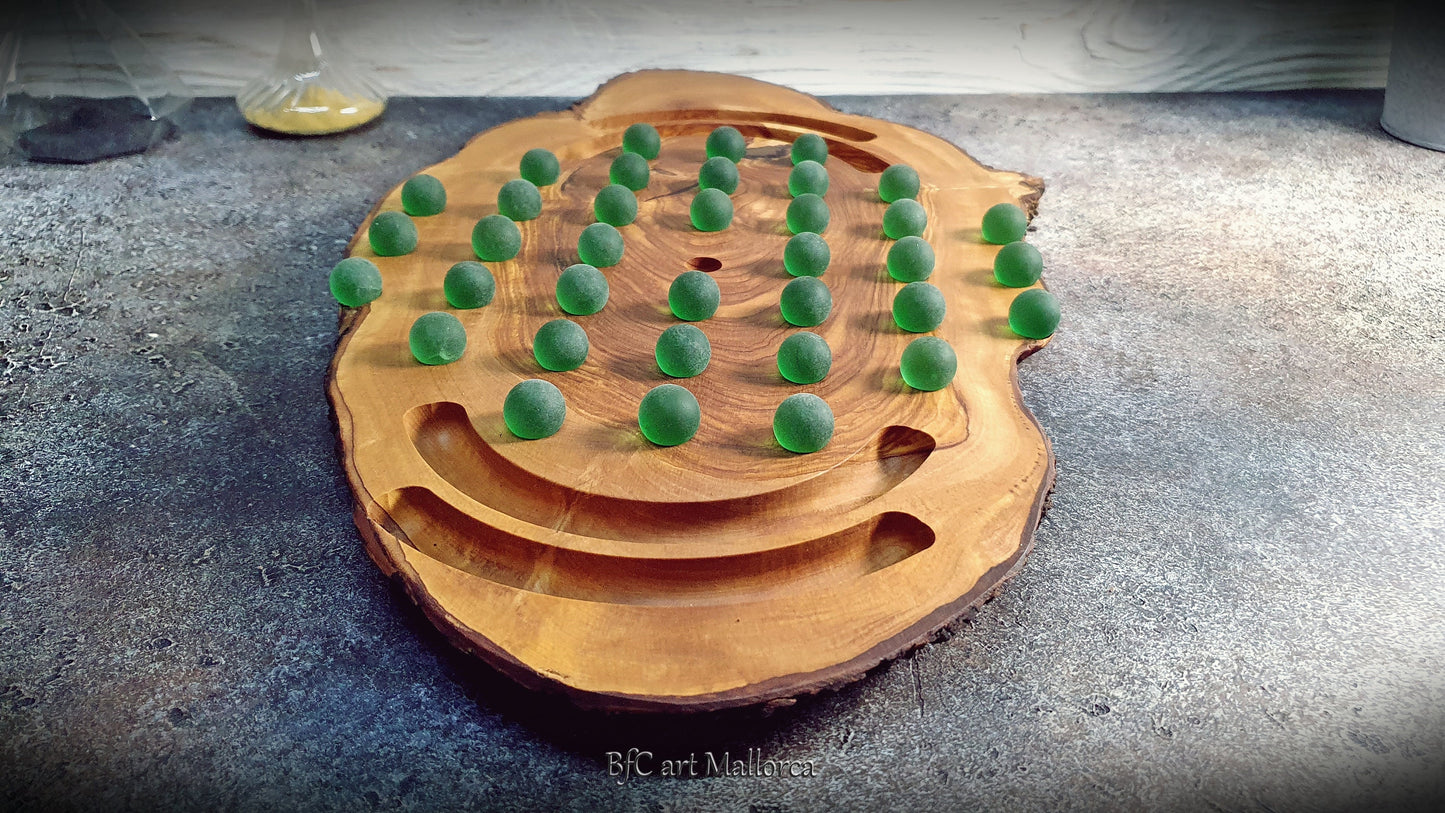 Solitaire Game Board Rustic Olive Wood with Unique and Natural Organic Shapes, Solitaire Game with 36 crystal balls, Classic Solitaire Game