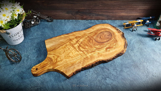 Olive Wood Charcuterie Board with Handle Personalized, Big Cheese Board with Rustic edges and Natural and Organic trunk shapes