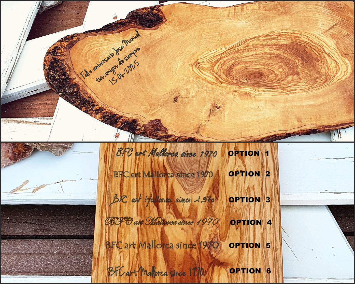 Rustic olive wood cutting board with handle and rustic edges, Customizable presentation board for sausages and cheeses.