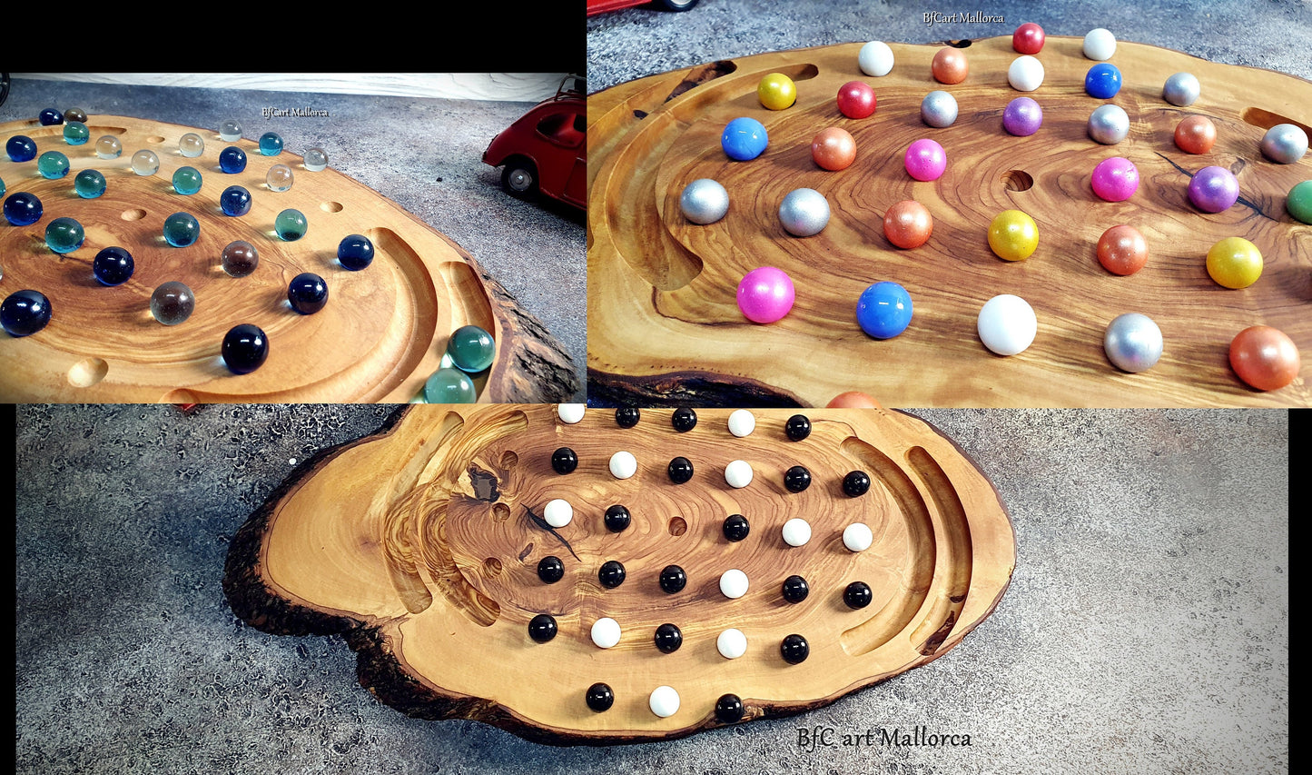 Handmade Solitaire Game Board With 36 Glass Balls Rustic Olive Wood, Vintage Classic Solitaire Board Game Set, Classic Indoor Board Game