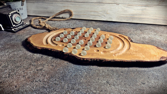 Solitaire Game Board Handmade With a Rustic Board Olive Wood, Custom wooden solitaire game with glass balls