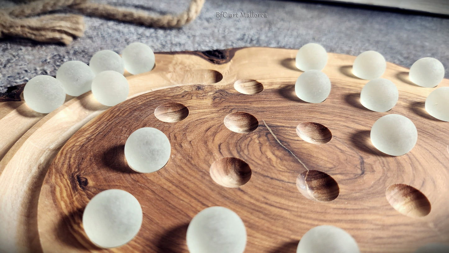 Solitaire Game Board Handmade With a Rustic Board Olive Wood, Custom wooden solitaire game with glass balls