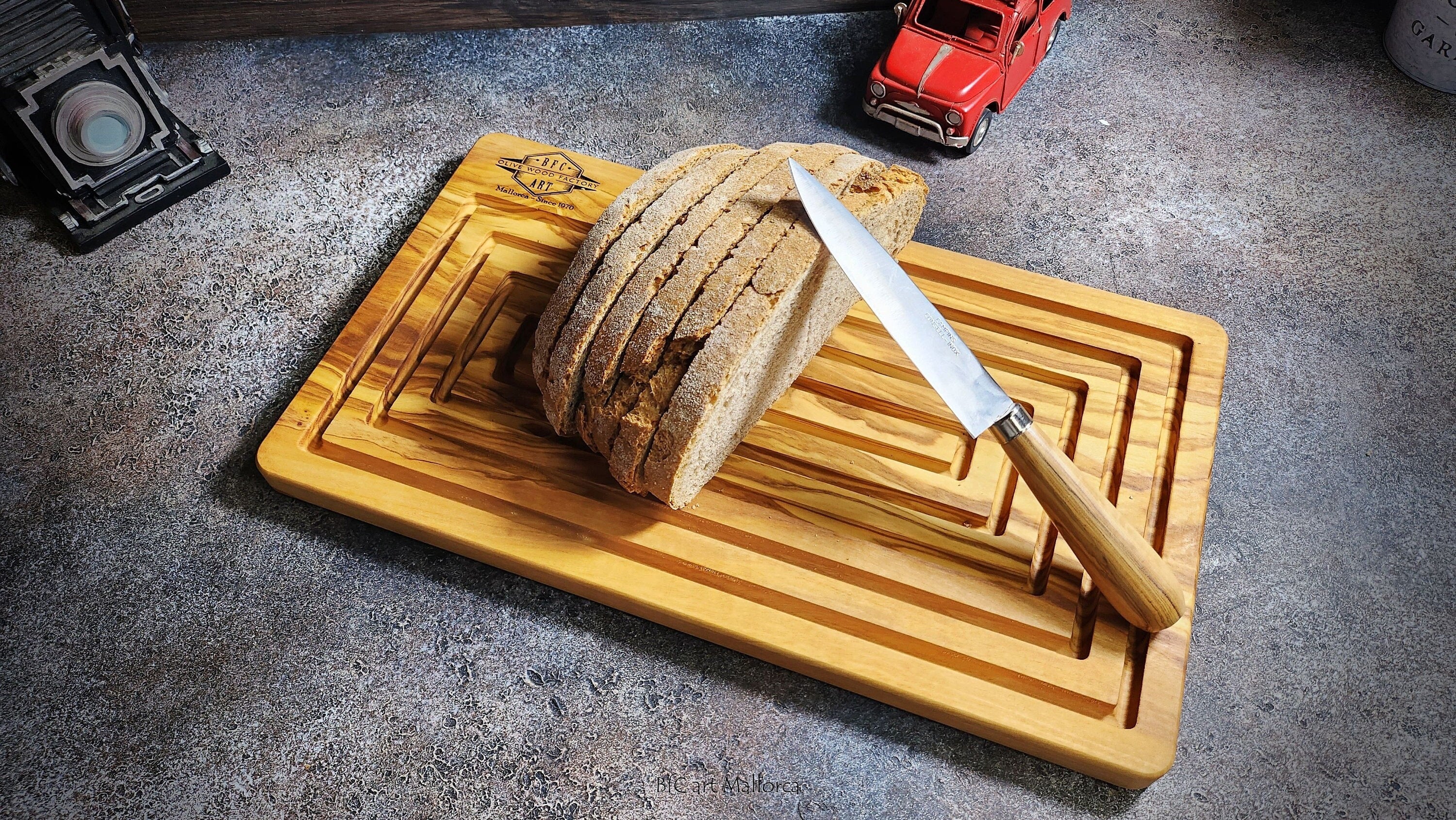 Bread cutting board olive wood with crumb catcher, useful kitchen utensil,  handmade