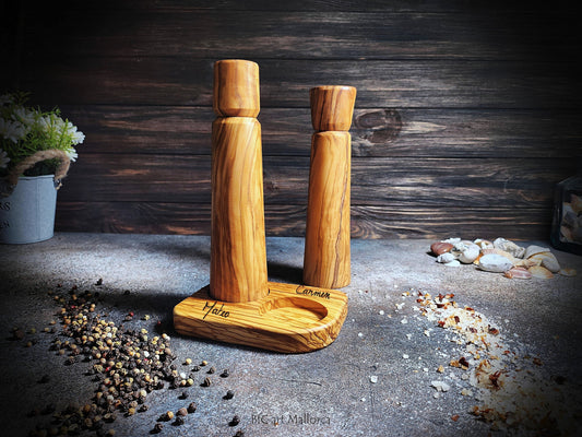 customizable Salt and pepper mill with olive wood tray, Handmade Vintage salt and pepper shakers artisanal wooden, Salt Grinder Wood Set